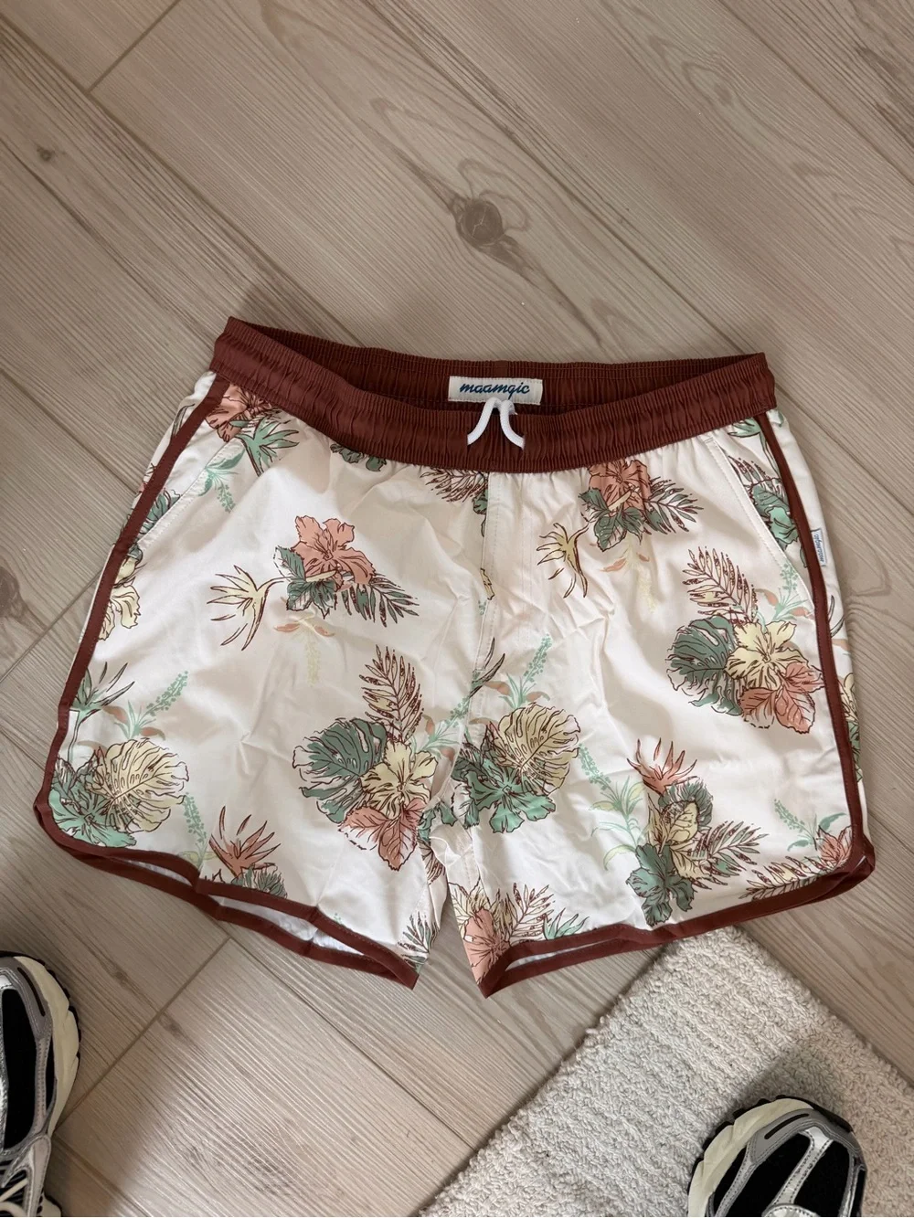 Men's Floral Cream Swim Trunks with Brown Trim